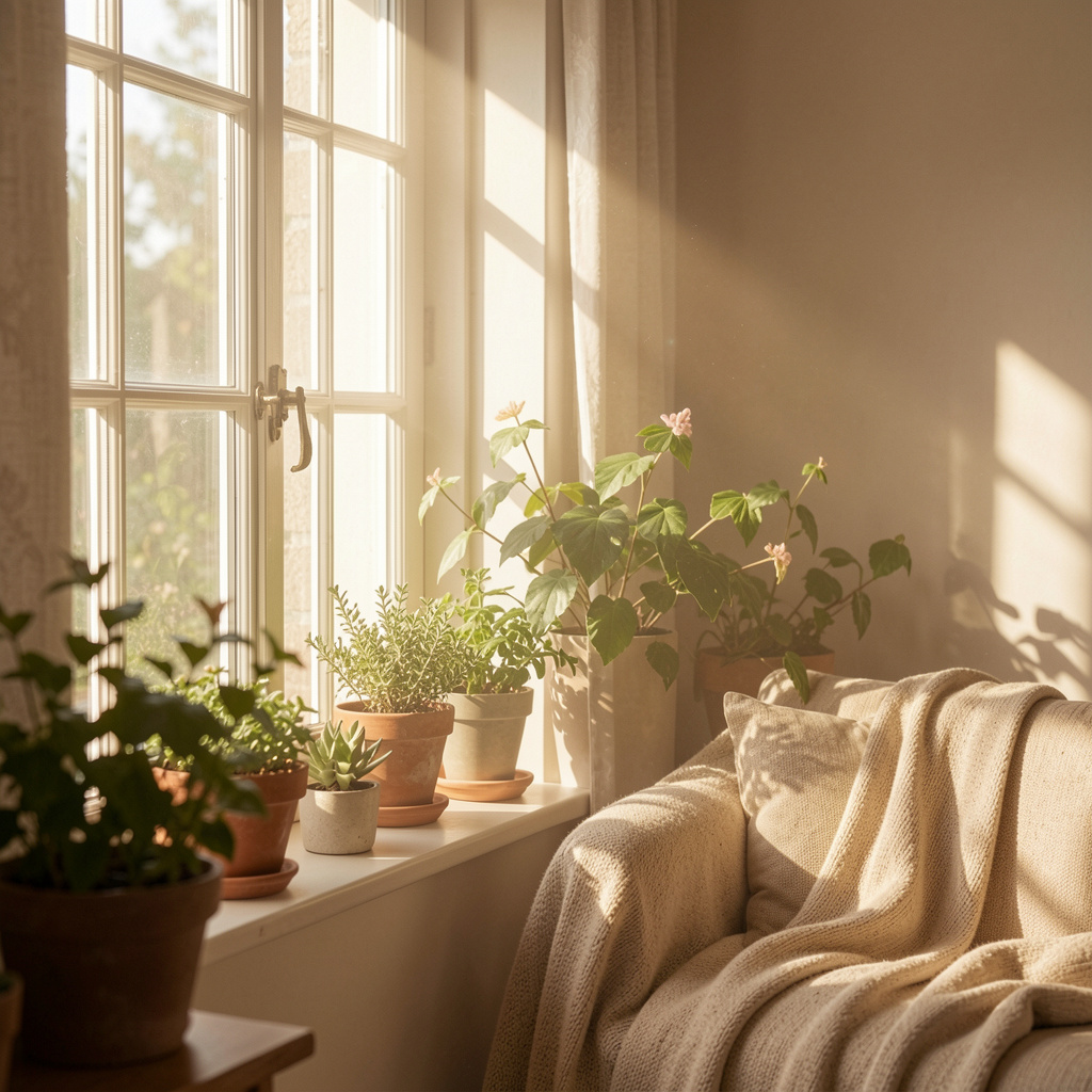 Peaceful morning scene with natural light streaming through a window